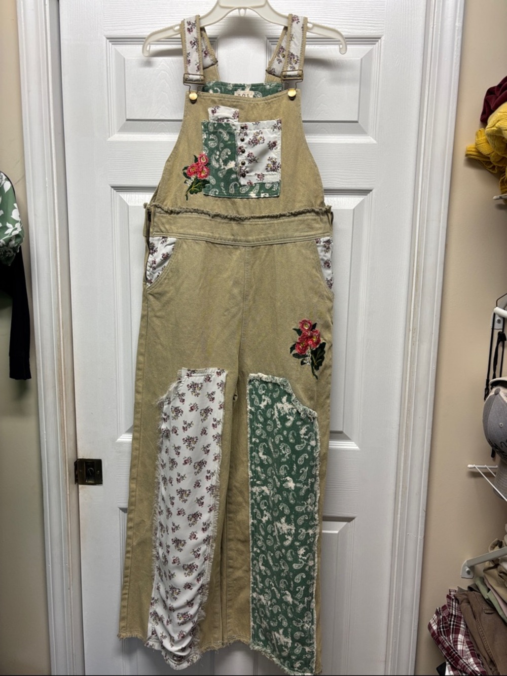POL Boho Khaki Denim Floral & Paisley Patchwork Embroidered Floral Overalls-M